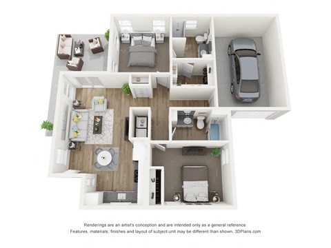Floor plan for 2 beds, 2 baths, 1099 sqft